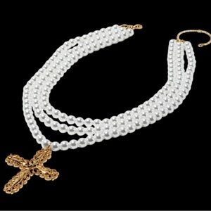 NWT GOLD-TONE ORNATE CROSS PENDANT PEARL MULTI-STRAND NECKLACE